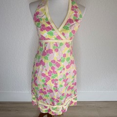 Lilly Pulitzer Floral Halter Dress Womens 10 Pink Yellow Green Preppy Ric-Rac