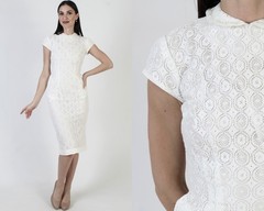 Vtg Plain White 50s Dress Knee Length Rockabilly Tiny Collar Pencil Pin Up Mini