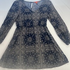 C&V Chelsea & Violet Blue And Tan Mini Dress Medium Long Sleeves Key Neck Button