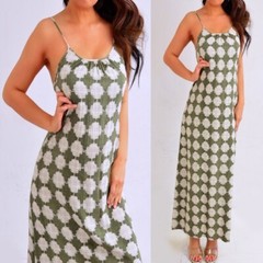 Olive Green Ivory Sleeveless Shift Long Flowy Maxi Dress Size XS Extra Small