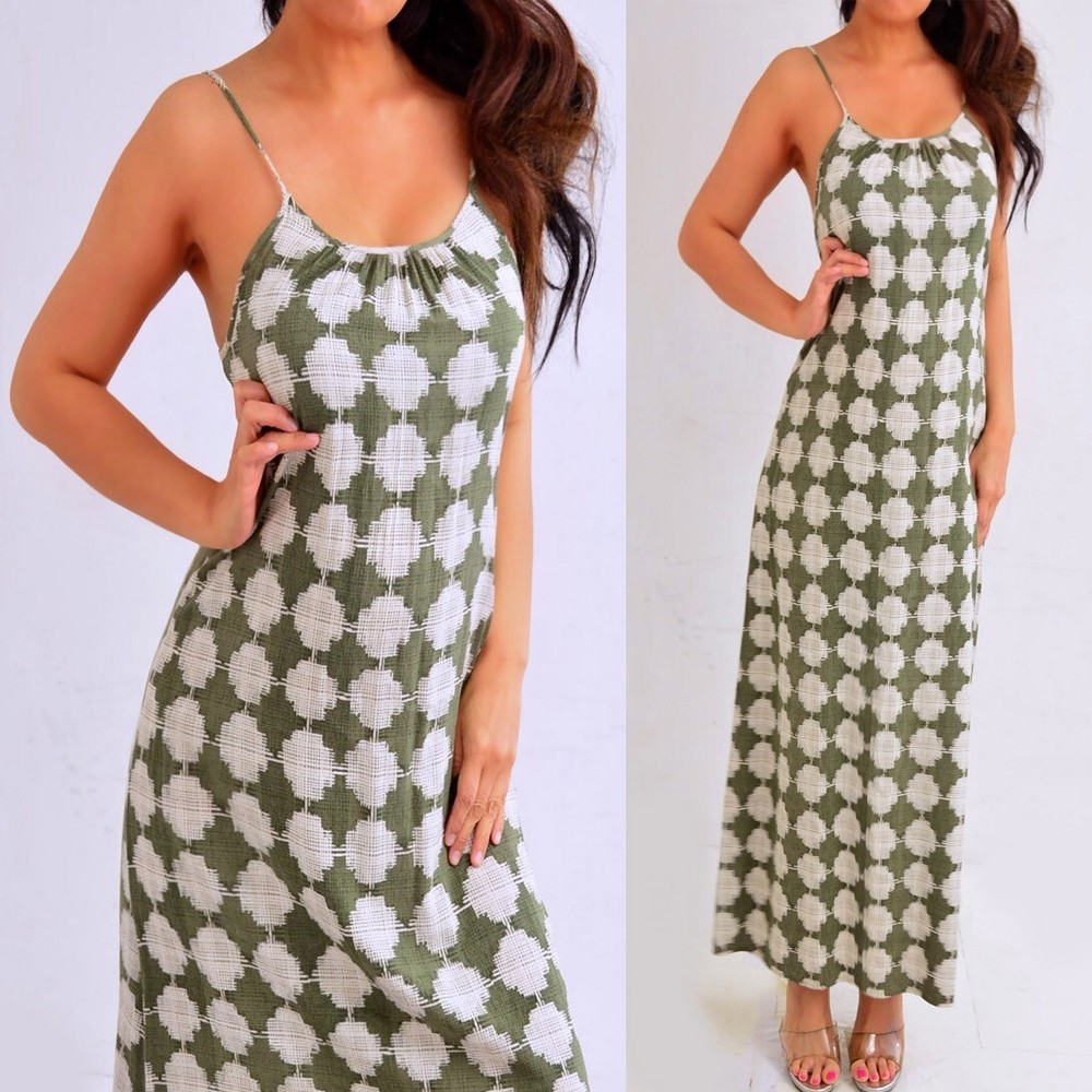 Olive Green Ivory Sleeveless Shift Long Flowy Maxi Dress Size XS Extra Small