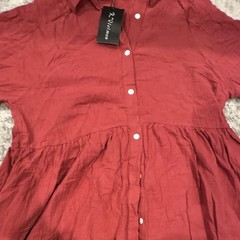 Red Solid Collared Button Front Pocket Short Sleeve maxi Dress S boho