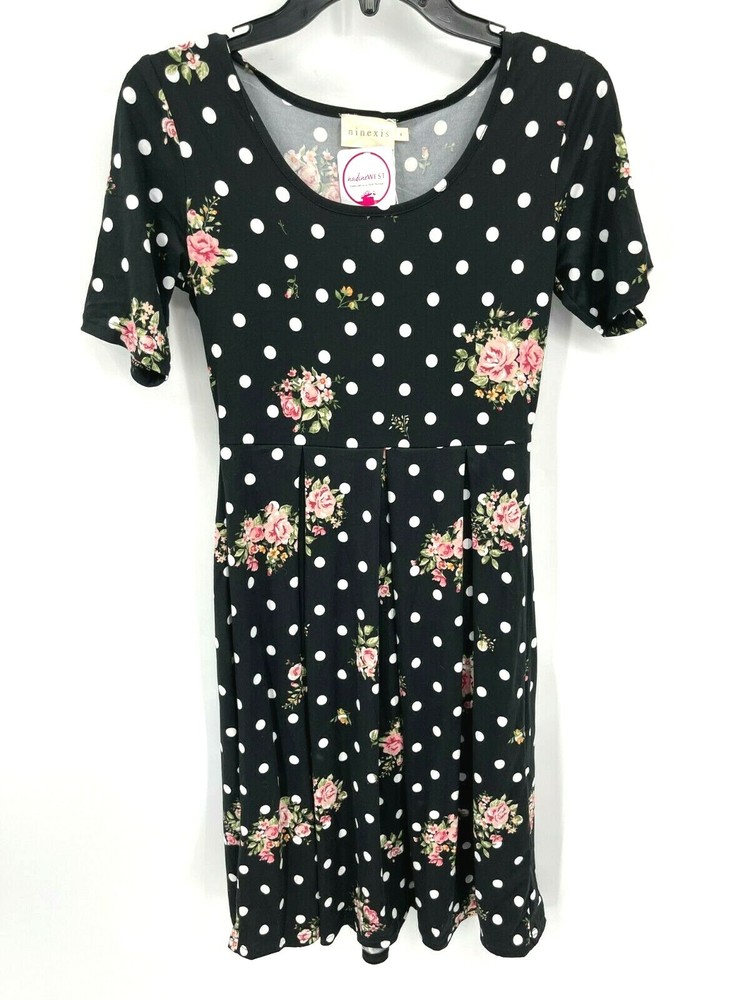 Ninexis Dress Womens Small Black Polka Dot Floral Romantic Boho Sheath