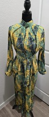 Printed Maxi Tie Waist Dress (Green) With Belt. One Size BARELY WORN