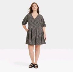 Women&rsquo;s Puff Sleeve Mini Summer Dress Universal Thread Dark Floral Plus 1X