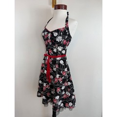 Rampage Floral Halter Dress Red White Y2K Rockabilly Pinup Retro Tulle Sz 3 XS