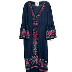 FIGUE Dress Women&rsquo;s Medium Junie Floral Embroidered Cotton Voile Midnight Blue