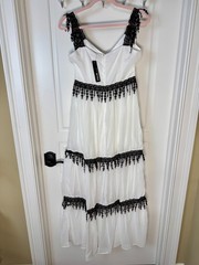 INA WHITE AND BLACK TIERED MAXI DRESS WITH LACE AND FRINGES SIZE SMALL – NWT
