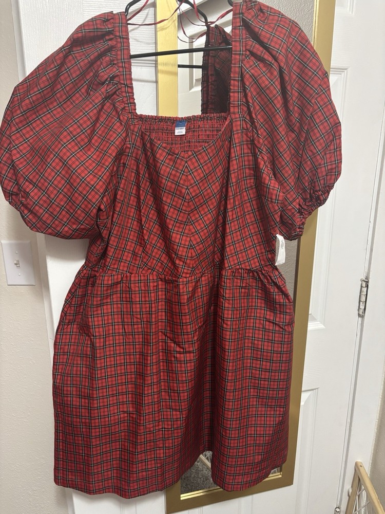 Old Navy Women&rsquo;s XL Red Plaid Square Neck Puff Sleeve Smocked Mini Dress