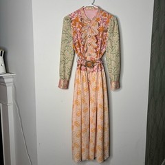 Multicolored Mixed Floral Print Rhinestone Belted Ruffle Shirt Dress Medium Boho