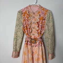 Multicolored Mixed Floral Print Rhinestone Belted Ruffle Shirt Dress Medium Boho