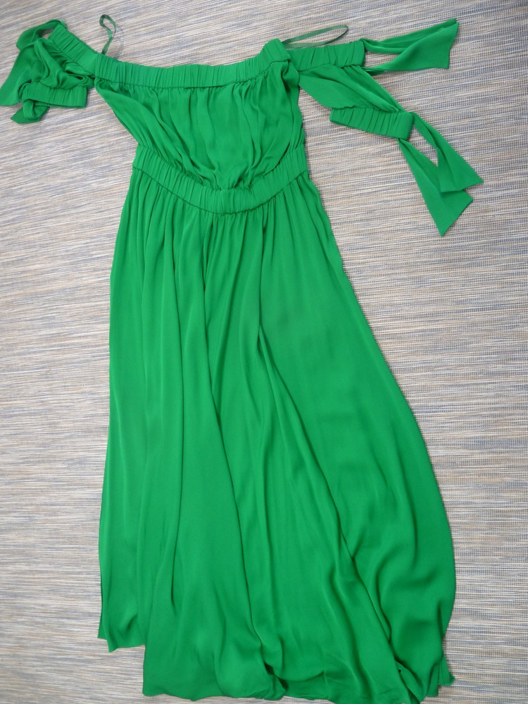 Milly Midi Dress Womens UK 10 Green Off Shoulder Tie Sleeve Smocked A Line Boho