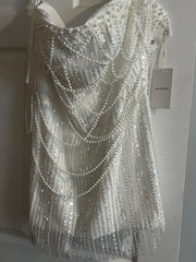 AEVOMYSYN White Mesh Beaded Sequin Mini Dress V-Neck Lace Up Lined S