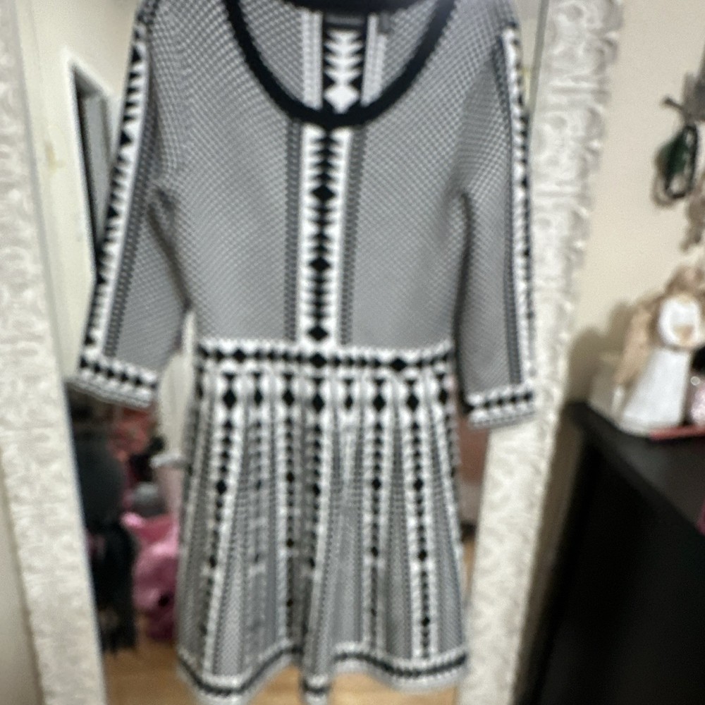 Nina Leonard Geometric Knit Fit & Flare Dress Black/White M 3/4 Sleeve
