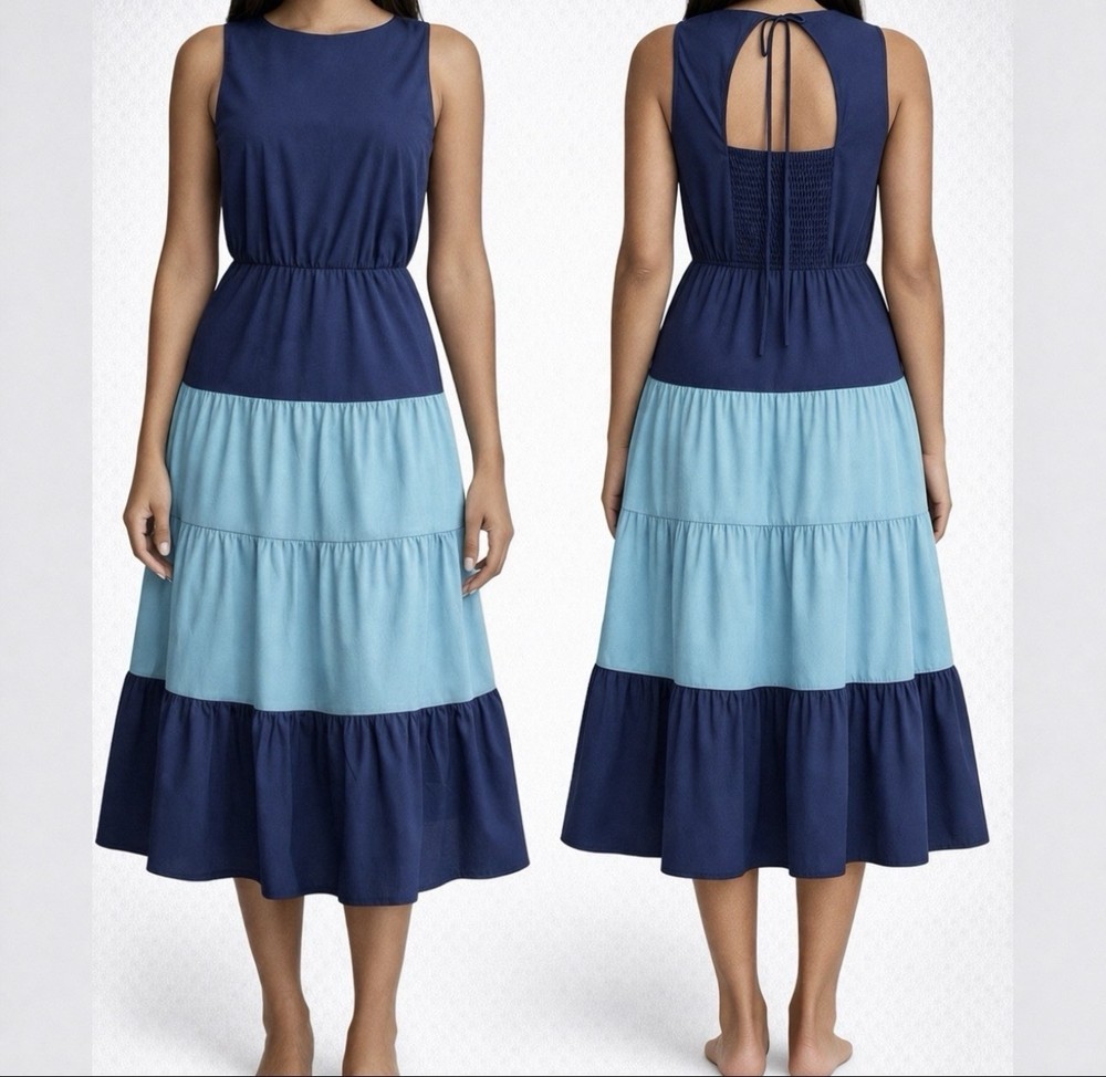 Julian Taylor Tiered Cotton Midi Dress 16 Caribbean Blue Summer Stretch NEW NWT