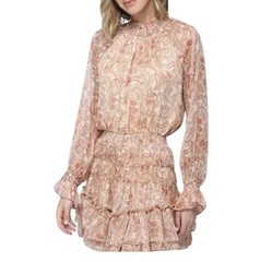 1.State High Neck Paisley Mini Dress Long Sleeve Smocked Ruffle Skirt Size Large