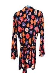 Black Flower Button Up Shirt Dress LARGE w/belt Hippie Flower Child