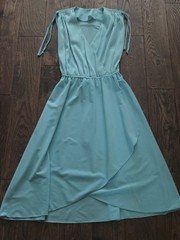 🩵Women&rsquo;s Aqua Blue Faux Wrap Midi Dress Sleeveless Ruched Shoulder Tulip Skirt