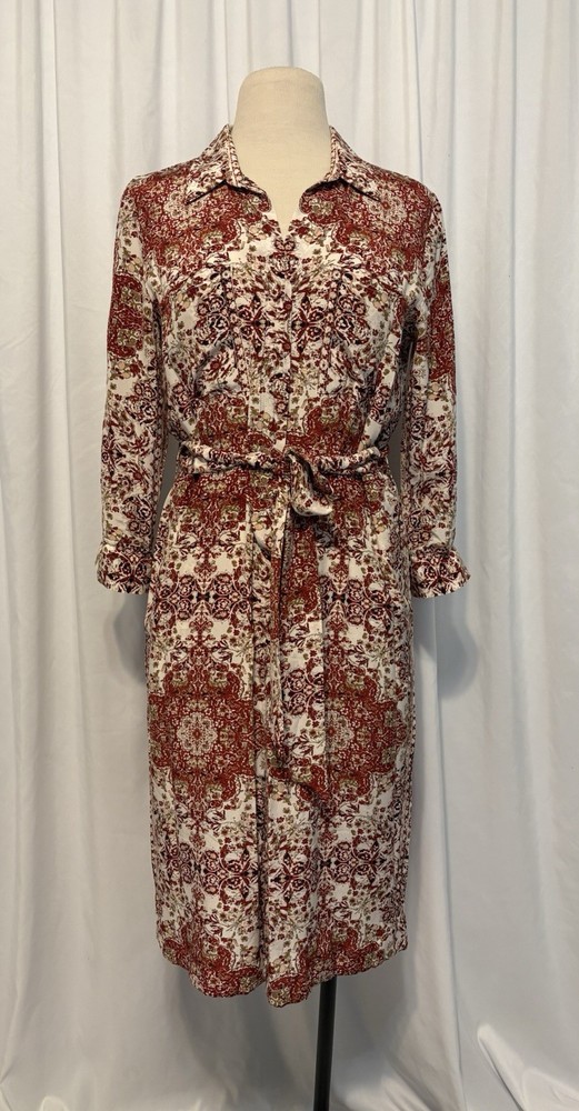 L&rsquo;AGENCE Red and Cream Long Sleeve Printed Shirt Midi Dress Size 4