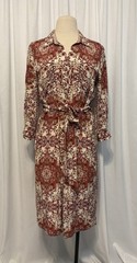 L&rsquo;AGENCE Red and Cream Long Sleeve Printed Shirt Midi Dress Size 4