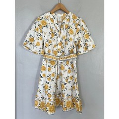 Joie Yellow White Floral Button Front Puff Sleeve Ruffle Hem Mini Dress Size 6