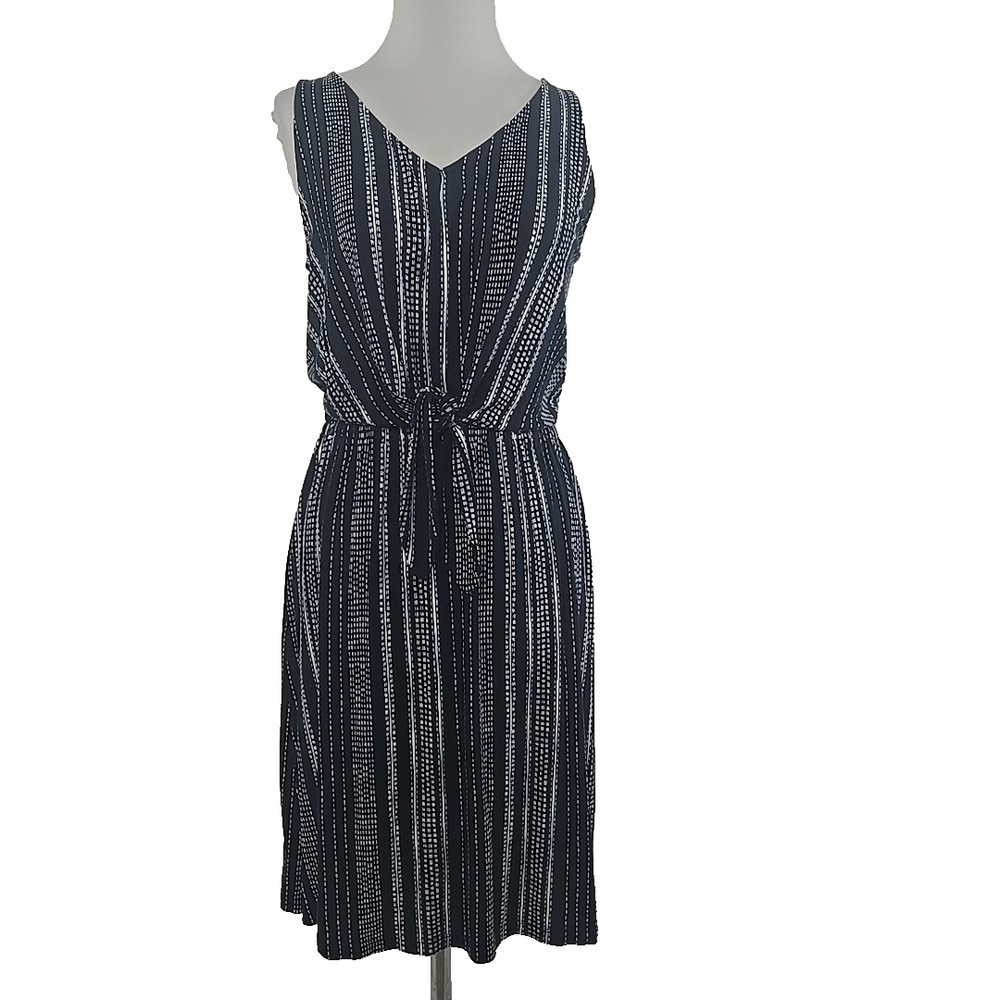 A.N.A. Medium M Dress Navy & White Print Sleeveless V-neck Jersey Tie Front