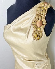 BADGLEY MISCHKA Vintage Gold Shimmer Champagne Embellished One Shoulder Dress 6