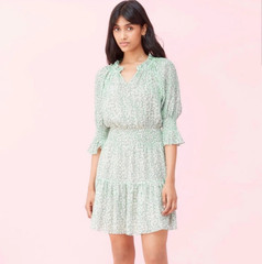 REBECCA TAYLOR Green Metallic Ikat Leaf Ruffled Smocked Waist Dress Sz M