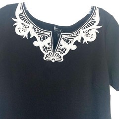 Talbots Black Shift Dress Medium Womens Embroidered Neck Party Preppy Minimalist