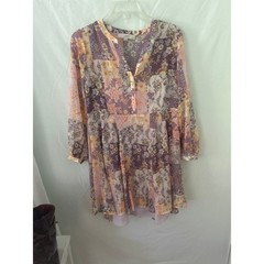 LOFT Petites Purple Patchwork Floral Long Sleeve Mini Dress SP Boho Split Neck