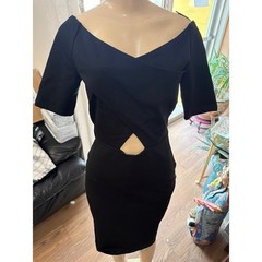 Black Off Shoulder Crisscross Cutout Bodycon Midi Dress Short Sleeve Cocktail