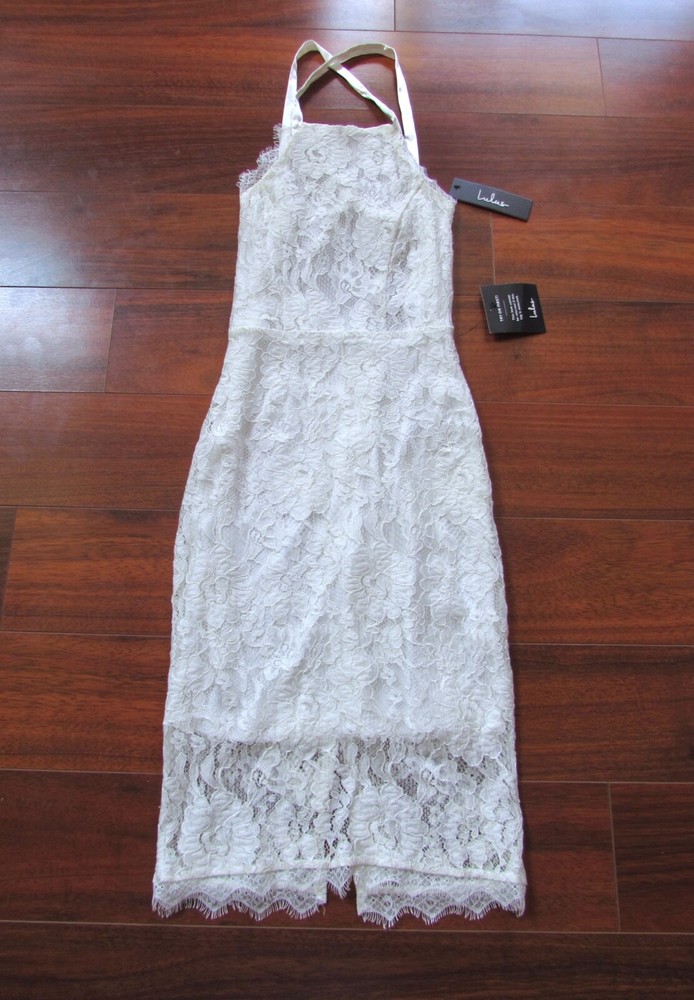 LULU&rsquo;S ~ New! NWT XXS ~ Lace High Neck OPEN BackSATIN RIBBON STRAP Midi Dress a8