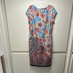 Beige by eci Blue Red Paisley Floral Sheath Short Sleeve Dress Size 14