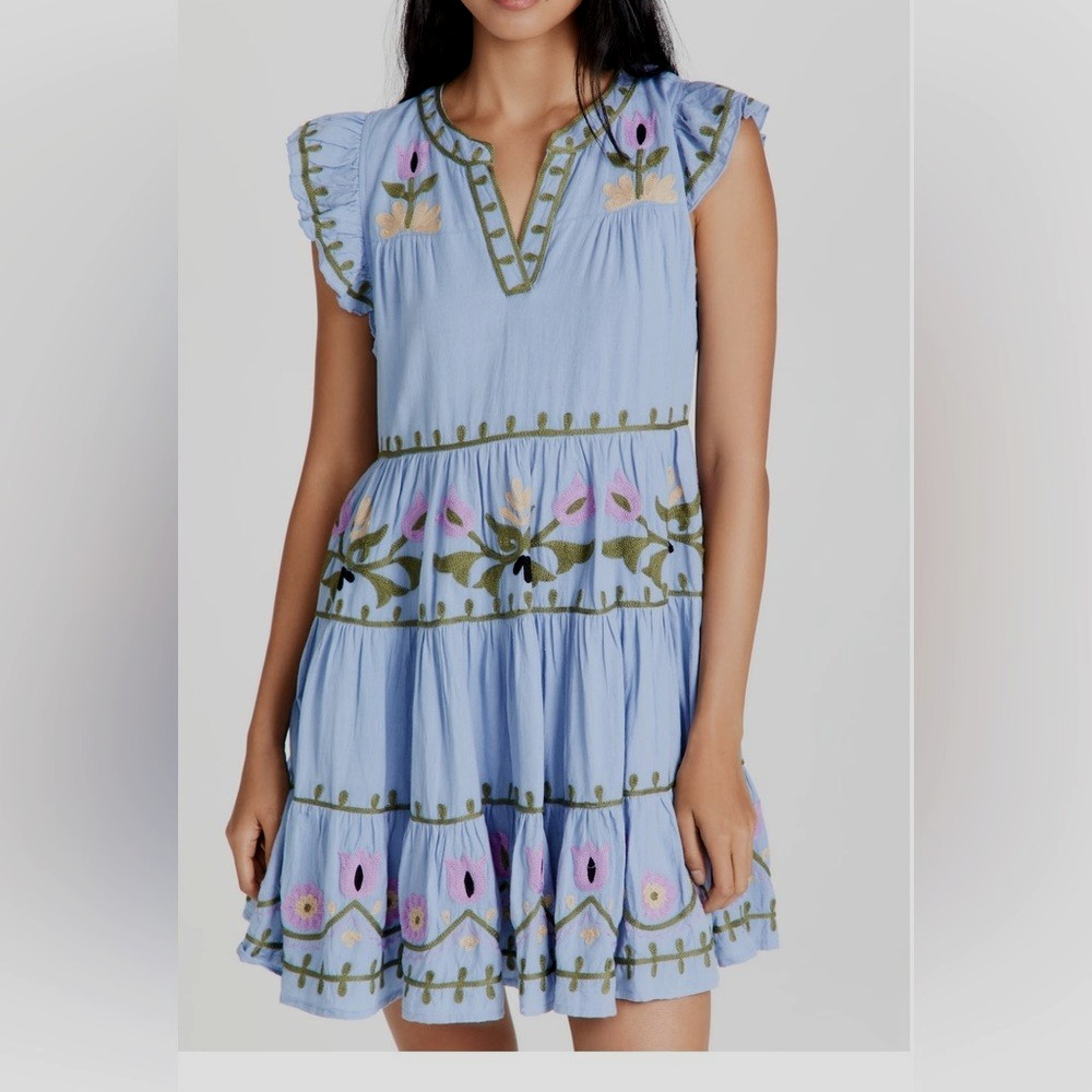 Roller Rabbit Pippa Dress Embroidered Sz L Blue Tiered Mini Cottage Cotton Flax