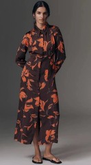 NWT Anthropologie Exquise Long-Sleeve Brown Orange Satin Shirt Dress Size XXS!!