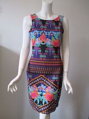 NWT COCOOM Multi Color Mix Media Prints Sleeveless Bodycon Stretch Fit Dress L