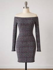 Derek Heart Off-the-Shoulder Long Sleeve Bodycon Dress in Gray and Burgundy – S