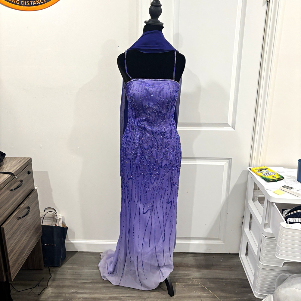 Alice Purple Beaded Chiffon Straight Neck Spaghetti Strap Long Formal Gown 8