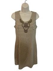SHARAGANO Women&rsquo;s Size 8 Tan Striped Dress with Beaded Embellishment