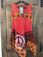 Rising International Nepal Boho Peace Dress L Red Patchwork Festival Hippie