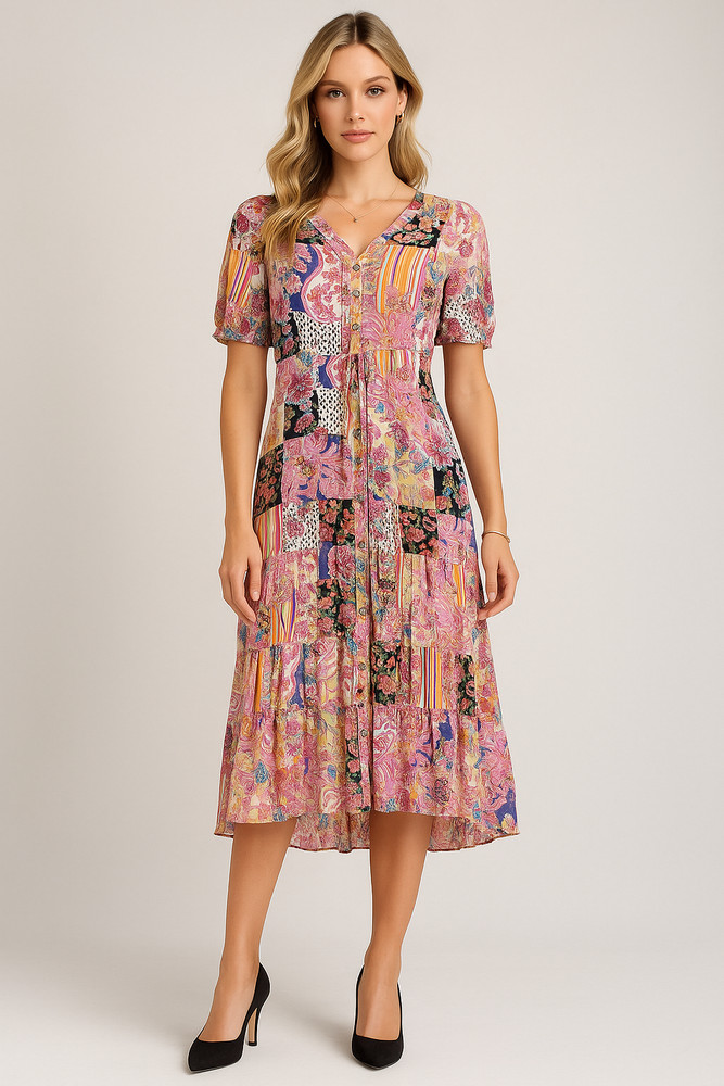 Indigo Rose Dress Womens M Button Floral Polka Dot Patchwork Tiered Boho Hippie