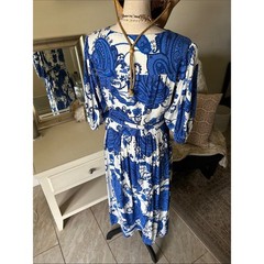 White closet elements white blue boho cottage paisley wrap Midi dress L