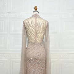 Luxury Beaded Mermaid Evening Gown Tulle Sheer Ruched Long Sleeved Ball Dress