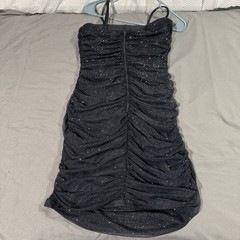 Pear Culture Ruched Glitter Tube Dress Stretch Sz L Lined Straps Black Silver