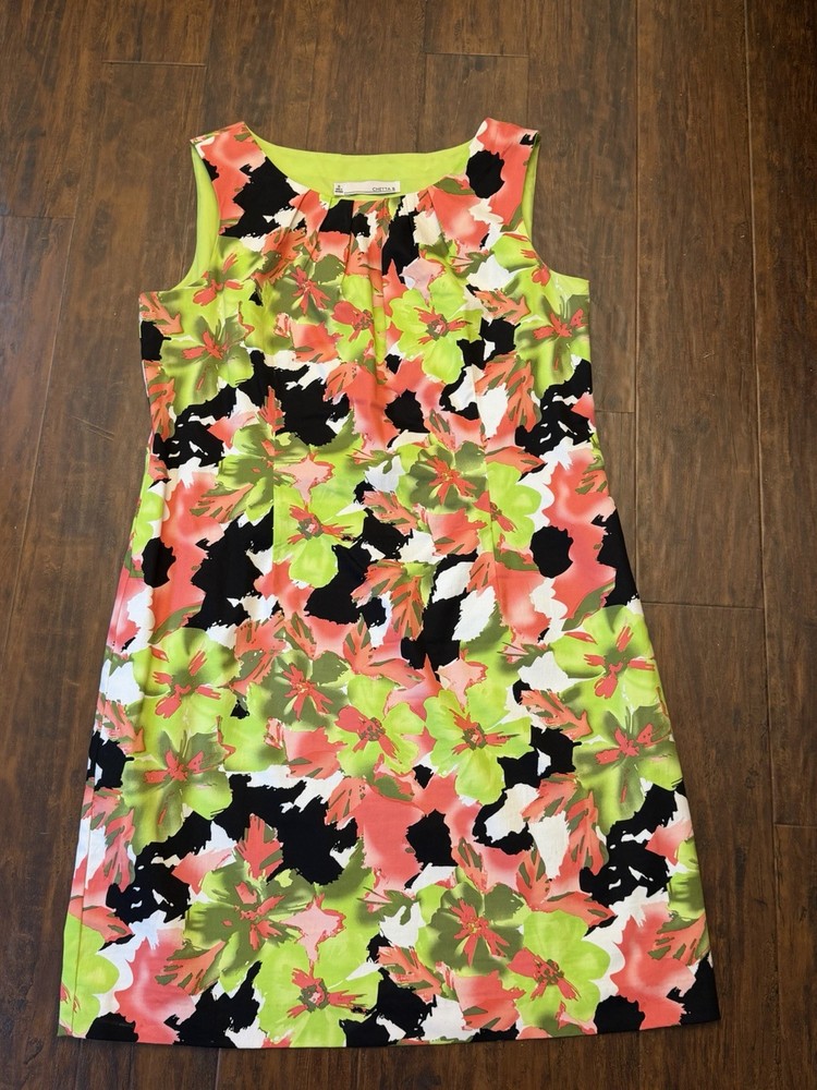 Chetta B Women 16 Green Pink Black White Floral Shift Dress Sleeveless Knee