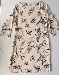 H&M Women Beige Floral Bird Shift Dress 3/4 Sleeve Size 6