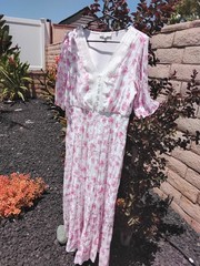 JGEE Maxi Dress White Pink Floral V-Neck 3/4 Sleeve Smocked Waist Lace XL