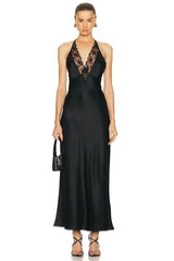 SIR Aries Black Romantic Sexy Lace Trim Plunging V-Neck Silk Halter Gown 3 = 8 M