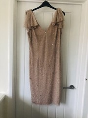 £255 ADRIANNA PAPELL MIDI V Neck beaded dress￼ SIZE 14 Large Cream Almond