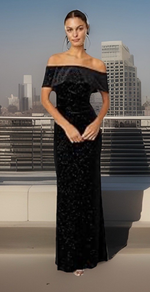 Xscape Black Off Shoulder Glitter Velvet Pleated Gown Dress Size 12 NewNoTags